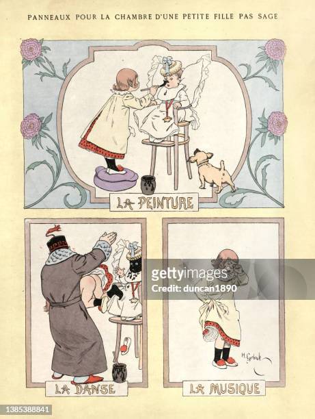 ilustraciones, imágenes clip art, dibujos animados e iconos de stock de niña traviesa pintando la cara del bebé, caricatura francesa vintage del siglo 19 - abofetear