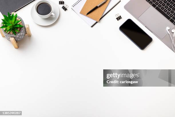 office desk with copy space on white background - desktop overhead view stock pictures, royalty-free photos & images