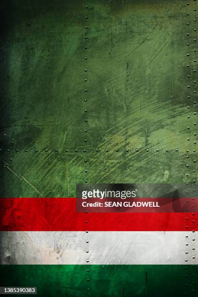 hungarian flag on armour military steel plate - heavy metal poster stock pictures, royalty-free photos & images
