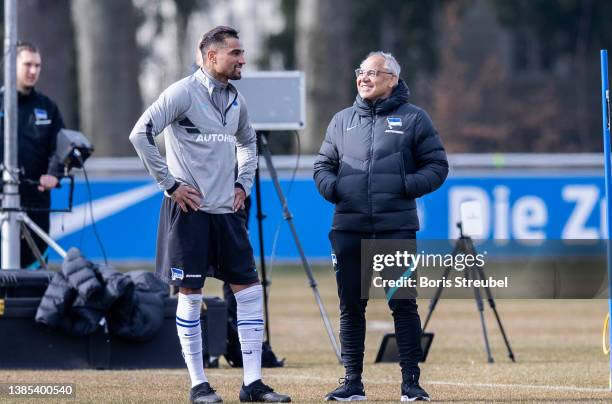 Felix Magath, the new head coach of Hertha BSC talks with Kevin-Prince Boateng of Hertha BSC during a training session of Hertha BSC on March 15,...