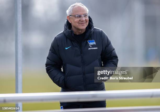 Felix Magath, the new head coach of Hertha BSC looks on during his first training session with Hertha BSC on March 15, 2022 in Berlin, Germany. Felix...