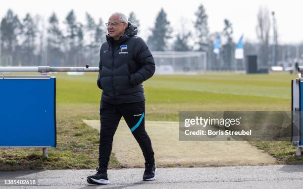 Felix Magath, the new head coach of Hertha BSC looks on during his first training session with Hertha BSC on March 15, 2022 in Berlin, Germany. Felix...