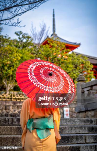 geisha at kiomizu-dera, kyoto, japan - season in kyoto imagens e fotografias de stock