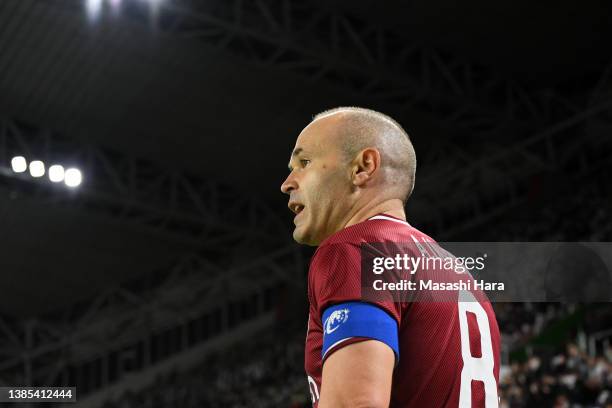 Andres Iniesta of Vissel Kobe is seen during the AFC Champions League qualifying playoff match between Vissel Kobe and Melbourne Victory at Noevir...