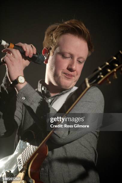 Alex Trimble of Two Door Cinema Club performs on stage during the first night of the NME Awards Tour at O2 Academy on February 8, 2012 in Glasgow,...