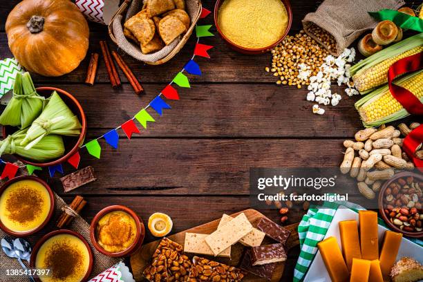 festa junina: frame of typical food for the brazilian june party. - peanut food stock pictures, royalty-free photos & images