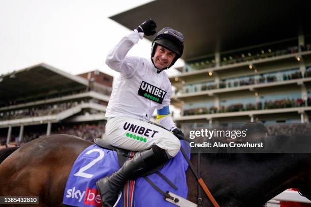 Nico de Boinville on Constitution Hill celebrates after winning the Sky Bet Supreme Novices' Hurdle race during day one of the Cheltenham Festival...