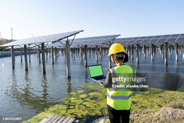 back view of female engineer using laptop at solar power plant - low carbon technology stockfoto's en -beelden