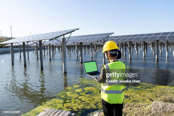 back view of female engineer using laptop at solar power plant - fund fair imagens e fotografias de stock