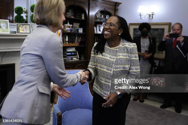 Sen. Shelley Moore Capito meets with U.S. Supreme Court nominee Ketanji Brown Jackson on Capitol Hill March 15, 2022 in Washington, DC. Supreme Court...