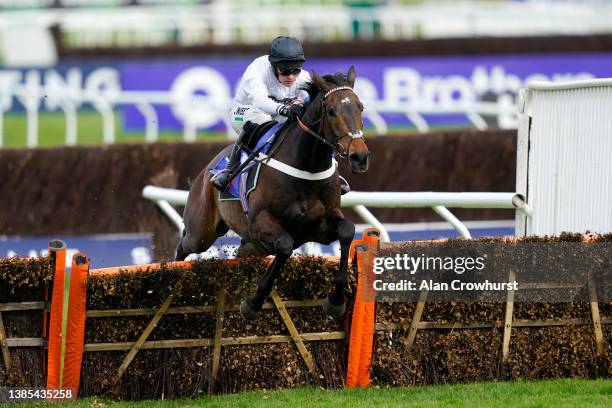 Nico de Boinville on Constitution Hill clear the last hurdle to win the Sky Bet Supreme Novices' Hurdle race during day one of the Cheltenham...