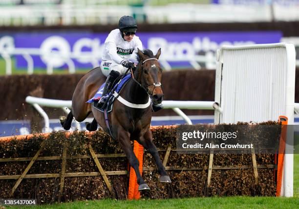 Nico de Boinville on Constitution Hill clear the last hurdle to win the Sky Bet Supreme Novices' Hurdle race during day one of the Cheltenham...