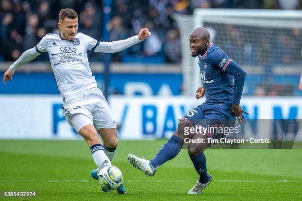 August 10: Danilo Pereira of Paris Saint-Germain defended by Rémi Oudin of Bordeaux during the Paris Saint-Germain Vs Bordeaux, French Ligue 1...