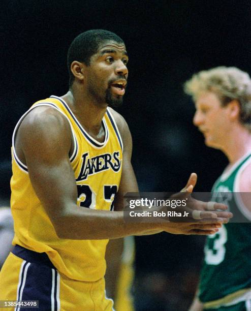 Magic Johnson has a disagreement with an official during 1985 NBA Finals between Los Angeles Lakers and Boston Celtics, June 2, 1985 in Inglewood,...