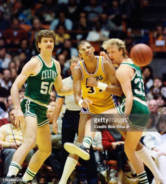 Larry Bird, Kareem Abdul-Jabbar and Greg Kite during 1985 NBA Finals between Los Angeles Lakers and Boston Celtics, June 2, 1985 in Inglewood,...
