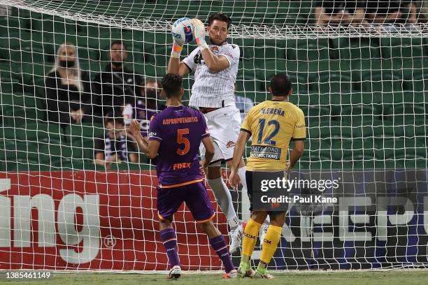 Brad Jones of the Glory saves a shot on goal during the A-League Mens match between Perth Glory and Central Coast Mariners at HBF Park, on March 15...