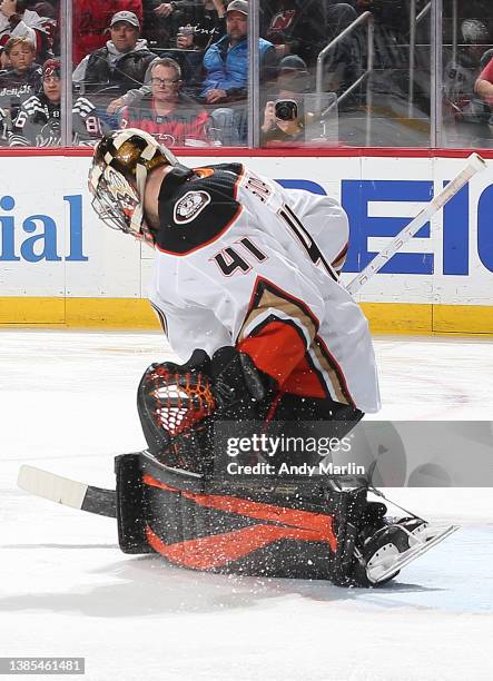 Anthony Stolarz of the Anaheim Ducks defends his net against the New Jersey Devils during the game at Prudential Center on March 12, 2022 in Newark,...