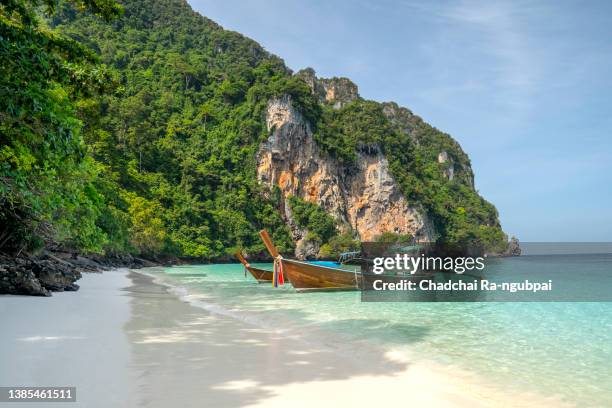 traditional long tail boat on famous monkey beach, phi phi islands, thailand - phi phi islands stock pictures, royalty-free photos & images