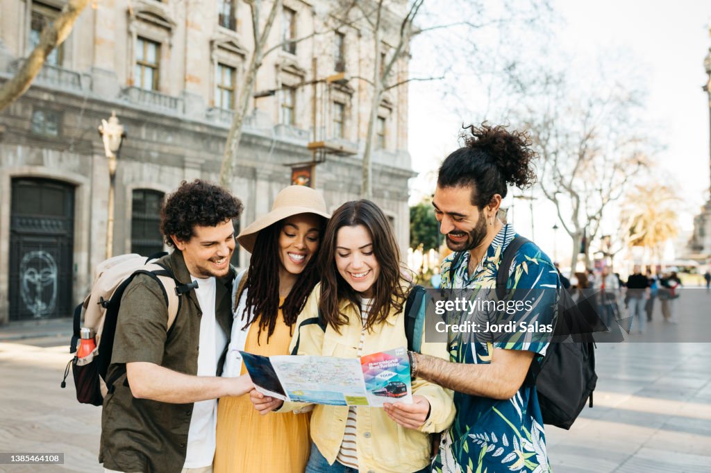 Tourists using a map in Barcelona