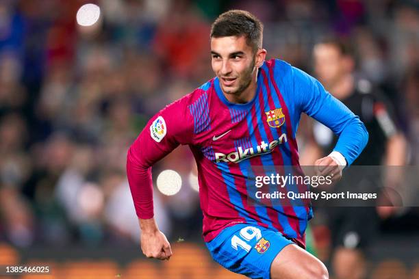 Ferran Torres of FC Barcelona celebrates after scoring his team's first goal during the LaLiga Santander match between FC Barcelona and CA Osasuna at...