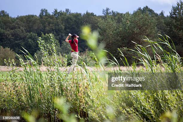 a female golfer teeing off, focus on background - timothy grass imagens e fotografias de stock