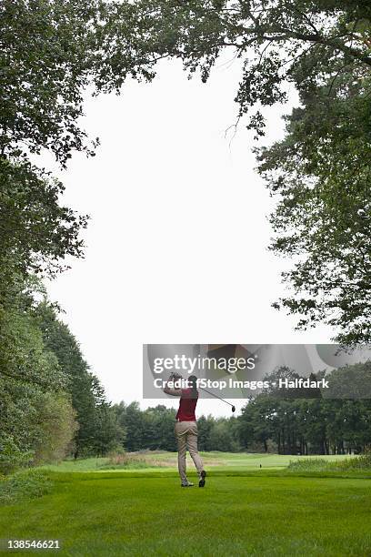 a female golfer teeing off, rear view - golf teeing off stock pictures, royalty-free photos & images