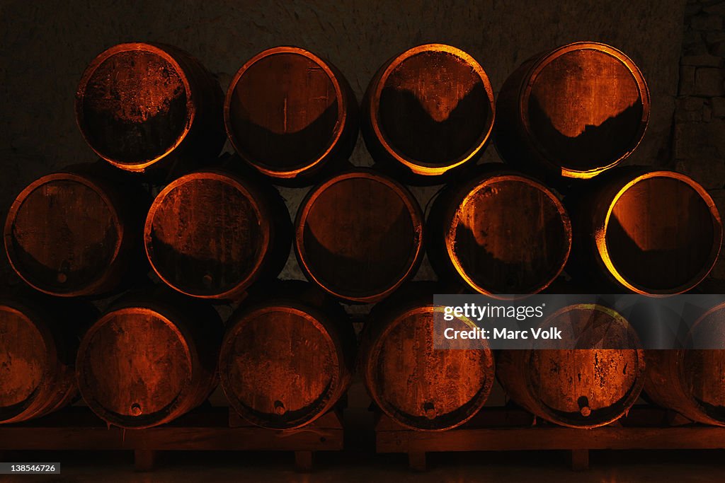 Stack of oak barrels of champagne