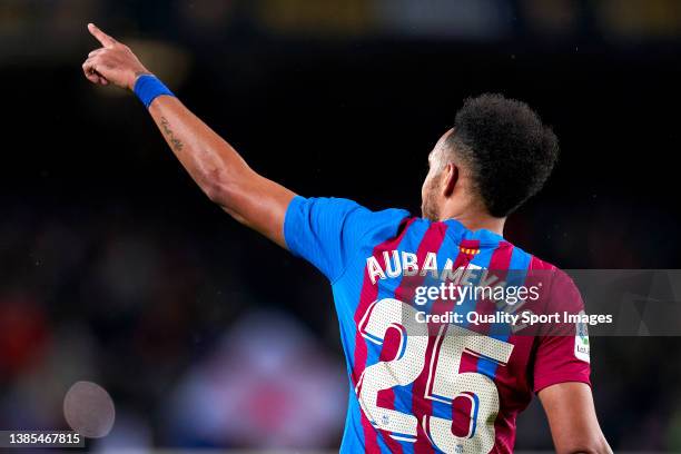 Pierre-Emerick Aubameyang of FC Barcelona celebrates his team's third goal during the LaLiga Santander match between FC Barcelona and CA Osasuna at...