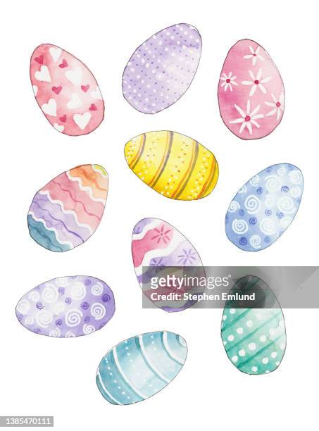 colorful and decorated easter eggs painted with watercolor - april 2020 stock illustrations