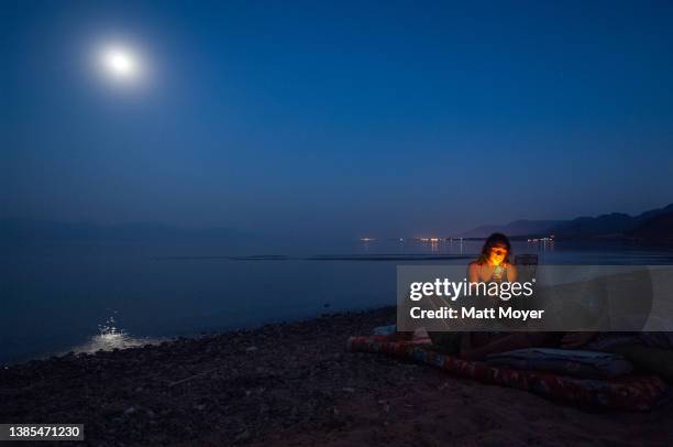 Hayley Shtienberg lights a cigarette with her friend Eilat Zukerman, both of Eilat, Israel while watching the moon rise over the Gulf of Aquba near...