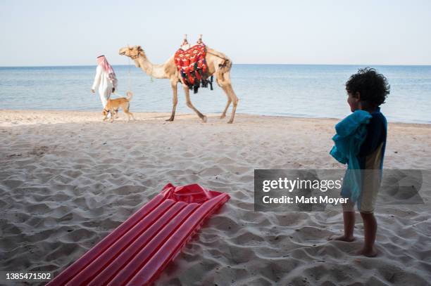 Avshalom Kohen-Bar stands near a red float raft with a camel in the background at Alexandria Beach camp along the Gulf of Aqaba coast in Egypt's...