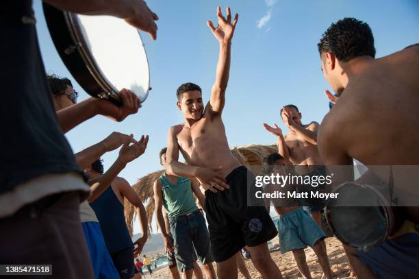 Group of Egyptians, many of whom work in the tourism industry, belly dance at a public beach on a day off in Nuweiba, Egypt on April 28, 2008.