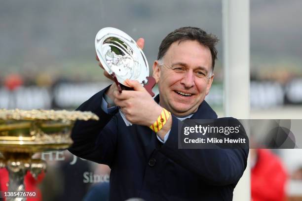 Henry de Bromhead, trainer of Honeysuckle celebrate during the victory ceremony for the The Unibet Champion fence race during day one of the...