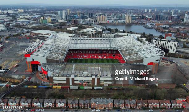 An aerial view of Old Trafford ahead of the UEFA Champions League Round Of Sixteen Leg Two match between Manchester United and Atletico Madrid at Old...