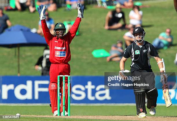 Tatenda Taibu of Zimbabwe appeals successfully for the wicket of Kane Williamson of New Zealand during game three of the One Day International series...