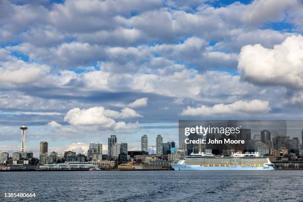 View of Seattle is seen by ferry en route to Bainbridge Island on March 08, 2022 in Seattle, Washington. Ferry service was disrupted during the...