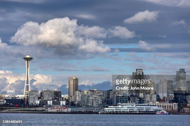 View of Seattle is seen by ferry en route to Bainbridge Island on March 08, 2022 in Seattle, Washington. Ferry service was disrupted during the...