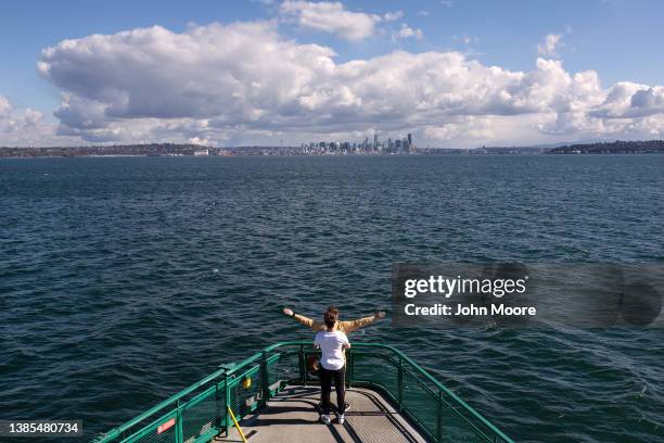 View of Seattle is seen by ferry from Bainbridge Island on March 0, 2022 in Seattle, Washington. Ferry service was disrupted during the pandemic, as...