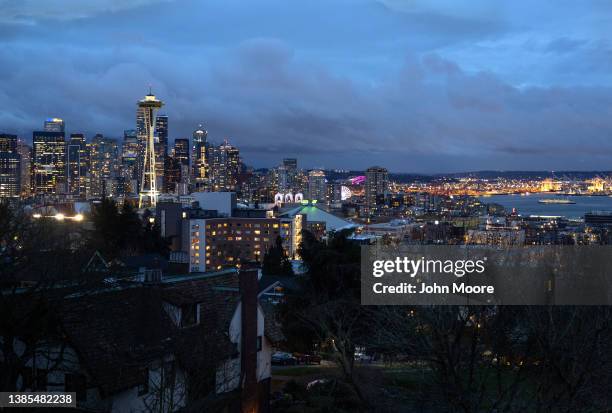 The Space Needle stands over the Seattle skyline on March 13, 2022 in Seattle, Washington. The iconic observation tower was constructed in 1962 for...