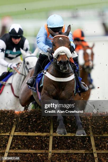 Nico de Boinville on Marie's Rock jumps the last hurdle to win The Mares’ Hurdle race during day one of the Cheltenham Festival 2022 at Cheltenham...