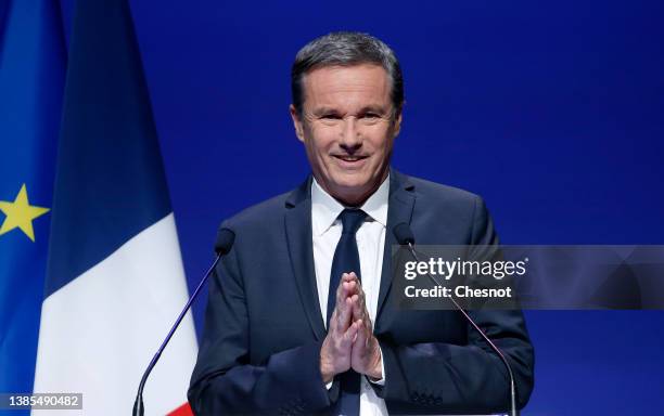 French far-right party "Debout la France" presidential candidate Nicolas Dupont-Aignan delivers a speech during a hearing of the presidential...