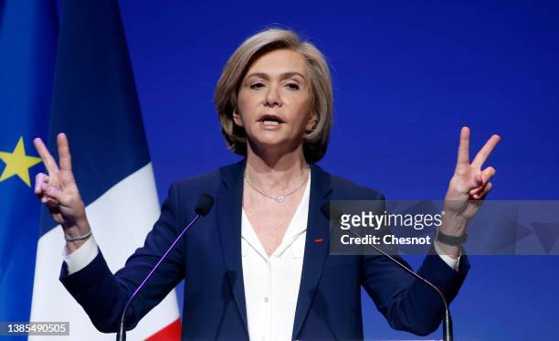 French right-wing party LR presidential candidate Valerie Pecresse delivers a speech during a hearing of the presidential candidates by France's...