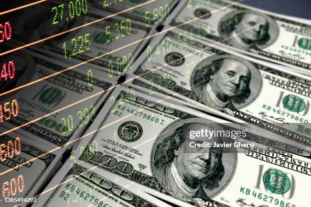 economy graph: 100 dollar bills and stock market data dashboard - dollar signs imagens e fotografias de stock