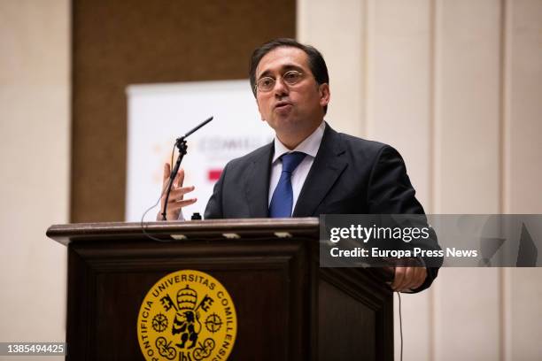 The Minister of Foreign Affairs, European Union and Cooperation, Jose Manuel Albares, speaks during the conference 'Spain's position in the global...