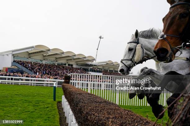 General view as runners clear the fence on the bend during The Ultima Handicap Chase on day one of The Festival at Cheltenham Racecourse on March 15,...