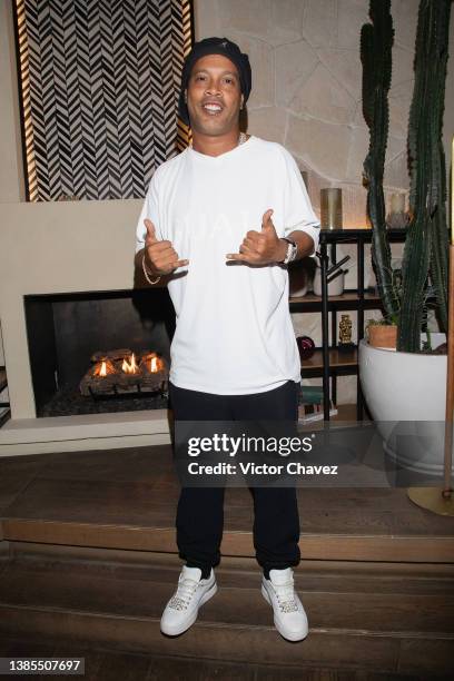 Football player Ronaldinho arrives in Mexico City to promote a new audiovisual unscripted content on March 14, 2022 at Aitana restaurant in Mexico...