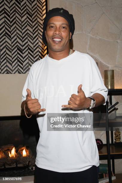 Football player Ronaldinho arrives in Mexico City to promote a new audiovisual unscripted content on March 14, 2022 at Aitana restaurant in Mexico...