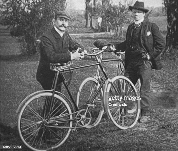 thomas mann, german author and paul ehrenburg, german painter, holding their bikes 1899 - lgbt history stock illustrations