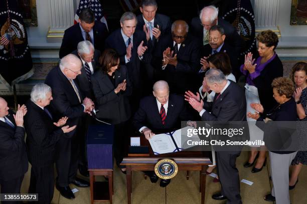 President Joe Biden is applauded by Vice President Kamala Harris and Congressional leaders after signing the “Consolidated Appropriations Act" in the...