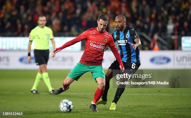 Maxime D'Arpino of KV Oostende battles for the ball with Denis Odoi of Club Brugge during the Jupiler Pro League match between KV Oostende and Club...